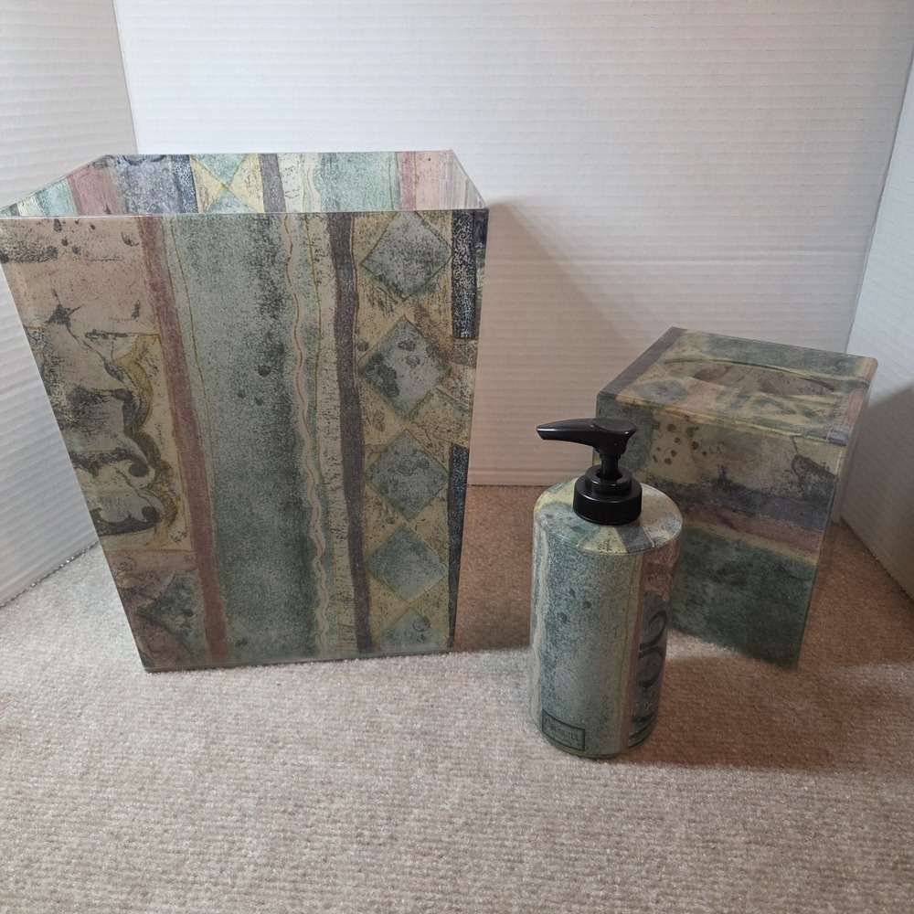 3pc Bathroom Set Wastebasket Tissue Box Soap Dispenser Abstract Earth Tones